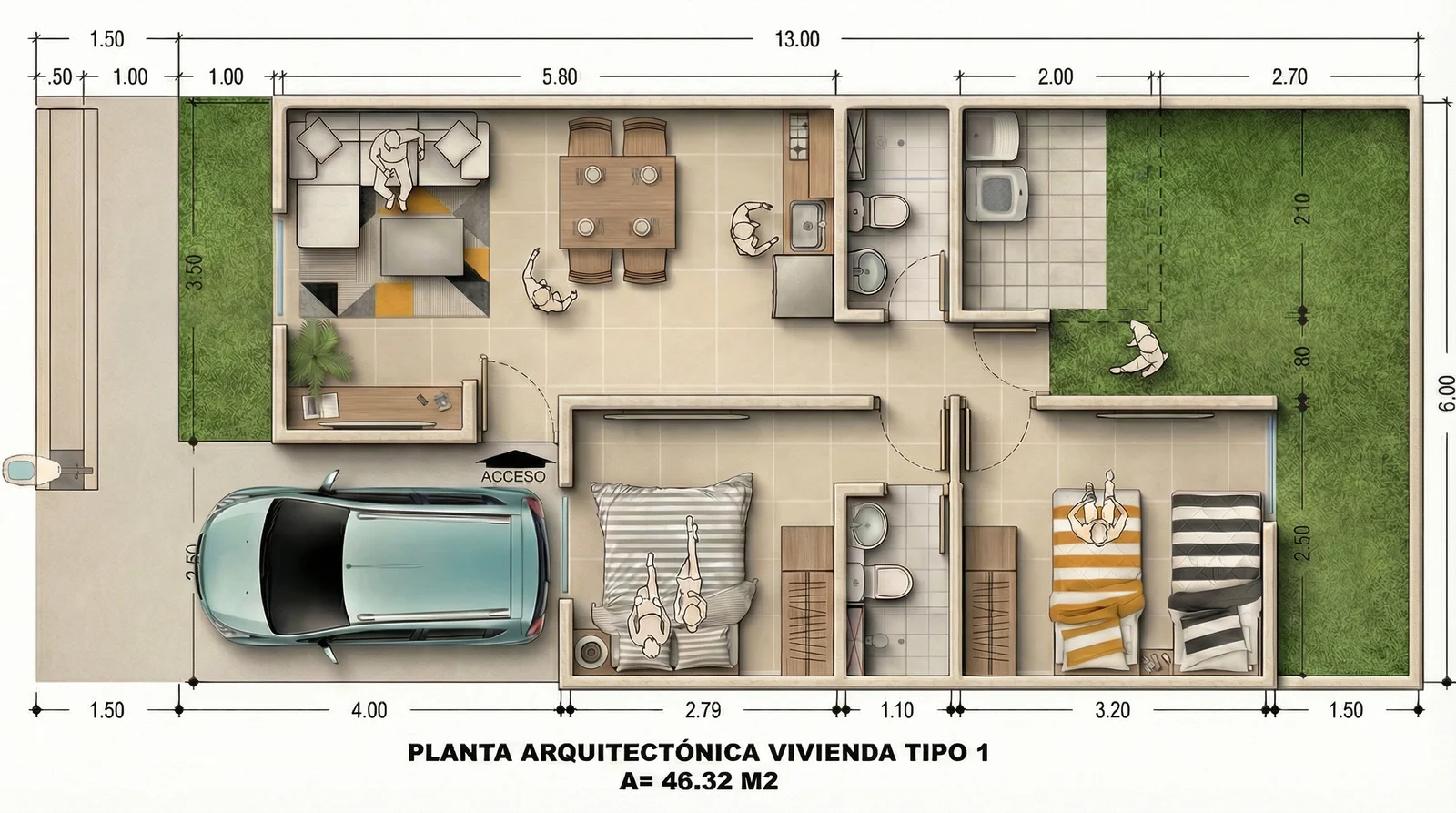 Plano ilustrado de San Antonio con dos habitaciones, dos baños, patio y parqueadero.